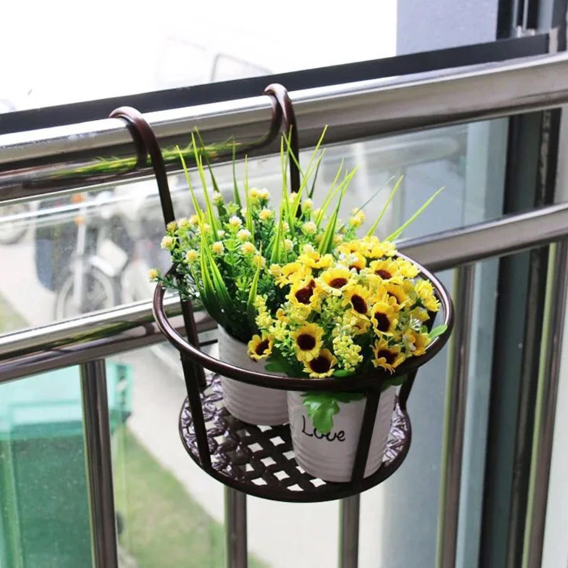 

Balcony Hanging Plant Racks Round Flower Pot Rack Railing Fence Outdoor Window Iron Bonsai Stand Decoration