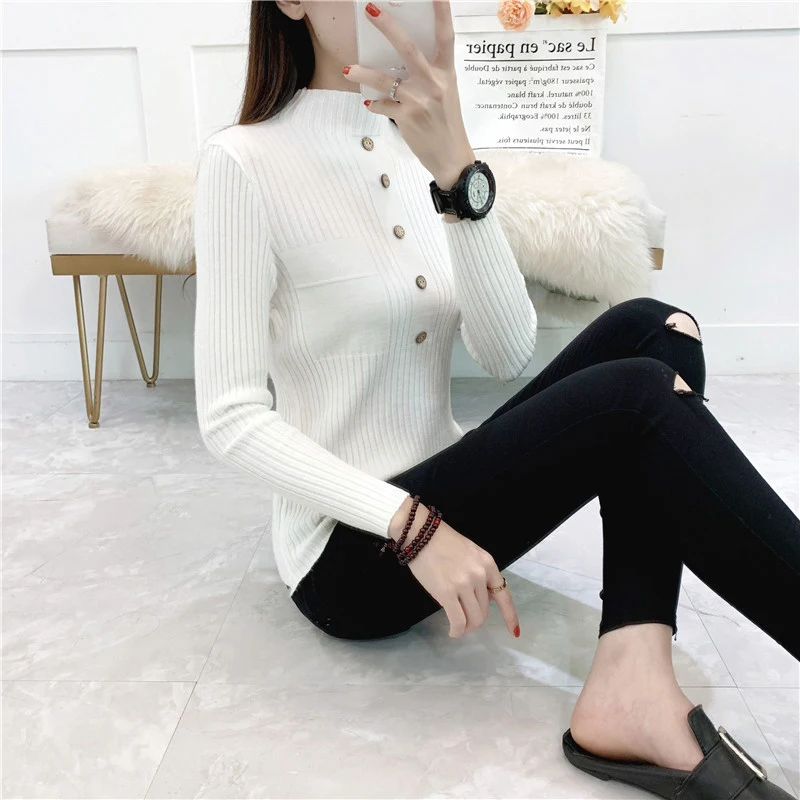 

2020 Autumn Women Sweater Casual Solid Color Turtleneck Knitted Korean Elegant Button Long Sleeve Basic Pullovers Sweater Women