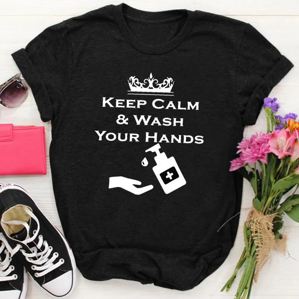 Женская футболка с принтом KEEP CALM A WASH YOUR HANDS Рождественский топ короткими рукавами
