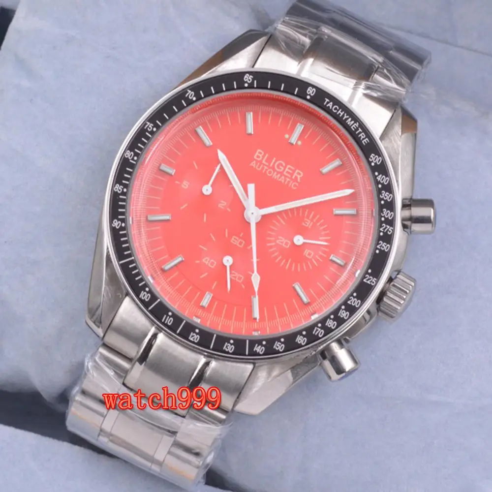 Мужские водонепроницаемые механические часы Bliger красные из нержавеющей стали с