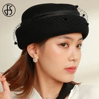 fs korean basin beret wool felt fedora hats for women winter warm church cloche derby hat fedoras bowler cap with veil ribbon