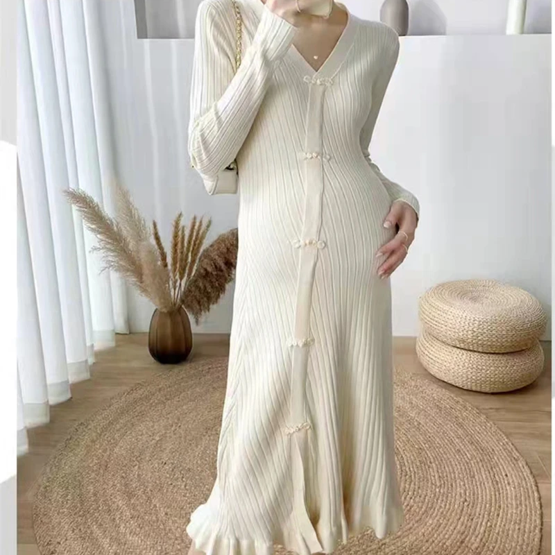 Women Elegant Maternity Gown Spring Pregnancy Clothes Knitting Maternity Dresses V Collar Long Sleeve Loose Ruffle Edge Outwear