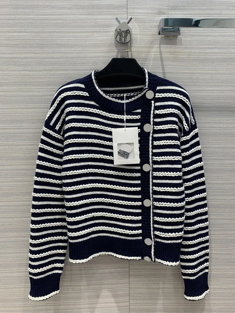 

Brand Knit Coat Jacket Tops Women C Home Fashion Vintage Casual Twist Blue White Striped Diagonal Buckle O-neck Cardigan Jackets