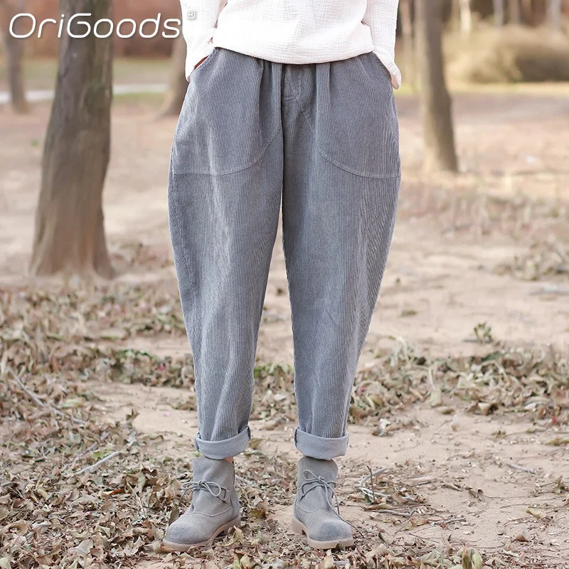 Оригинальные вельветовые брюки женские винтажные хлопковые свободные шаровары