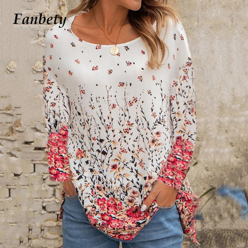 

Блузка женская свободного покроя с цветочным принтом, круглым вырезом и длинным рукавом