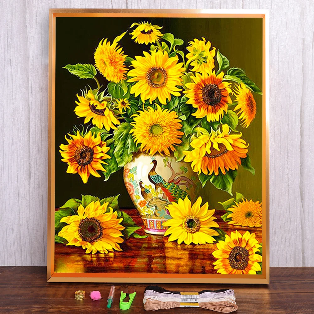 Подсолнухи ткань с цветочным принтом 11CT вышивка крестиком узоры DMC нитки для