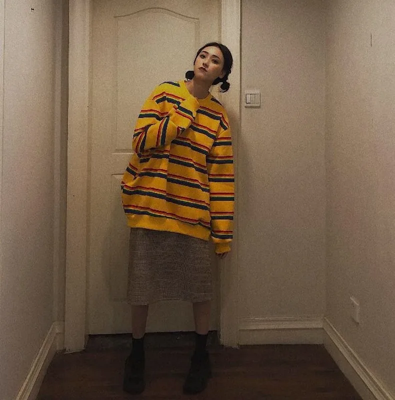

Women Rainbow Striped Pullover Sweatshirt Fleece Thickening Autumn Winter Loose Jumpers 2021 New Oversized Hoodies