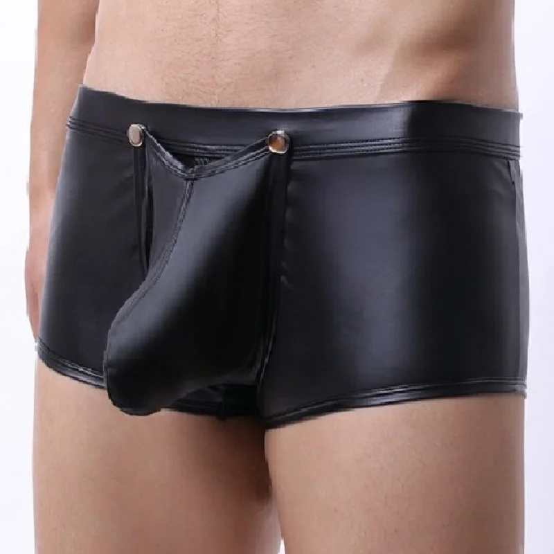 Мужские трусы-боксеры из лакированной кожи искусственной для геев открытые