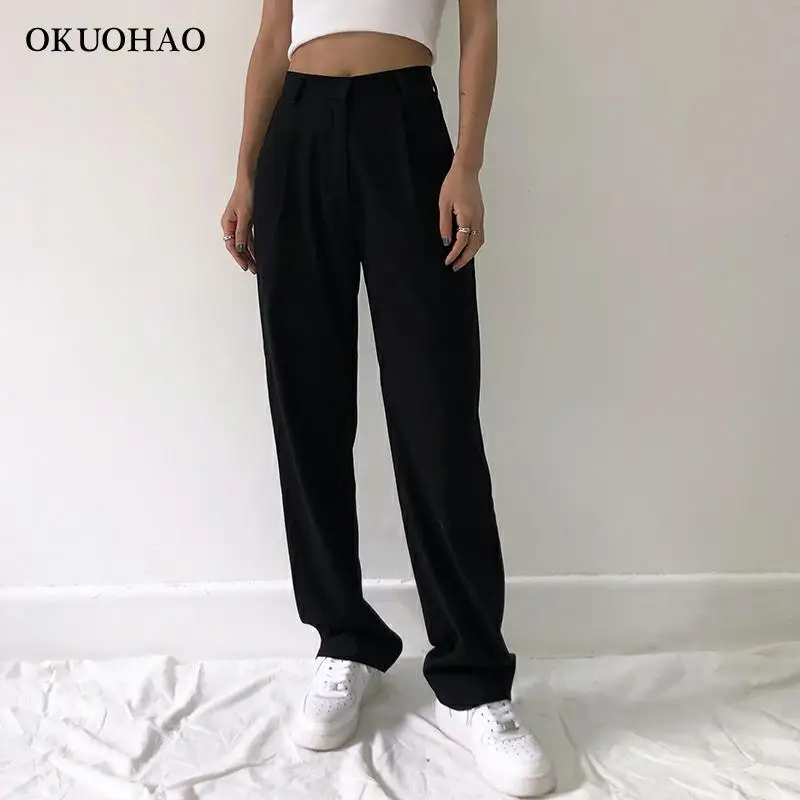 

2021 Fashion Straight Suit Women Pants High Waist Casual Office Lady Pants Full Length Wide Leg Loose Female Black Mom Trousers