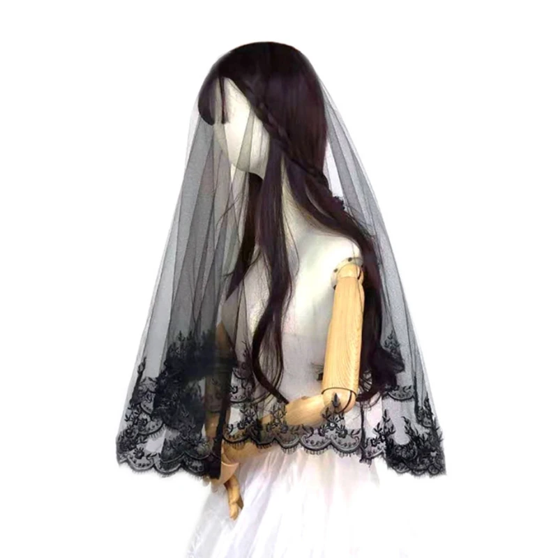 

Однослойное покрывало для женщин и девочек 83XC, черная свадебная фата с вышивкой, ресницы, Цветочная кружевная отделка, косплей на Хэллоуин