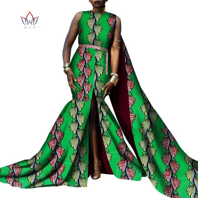 Bintarealwax Sleeveless Party Dress Dashiki Elegant Africa Style Clothing for Women Plus Size Floor- Length Dresses WY8794