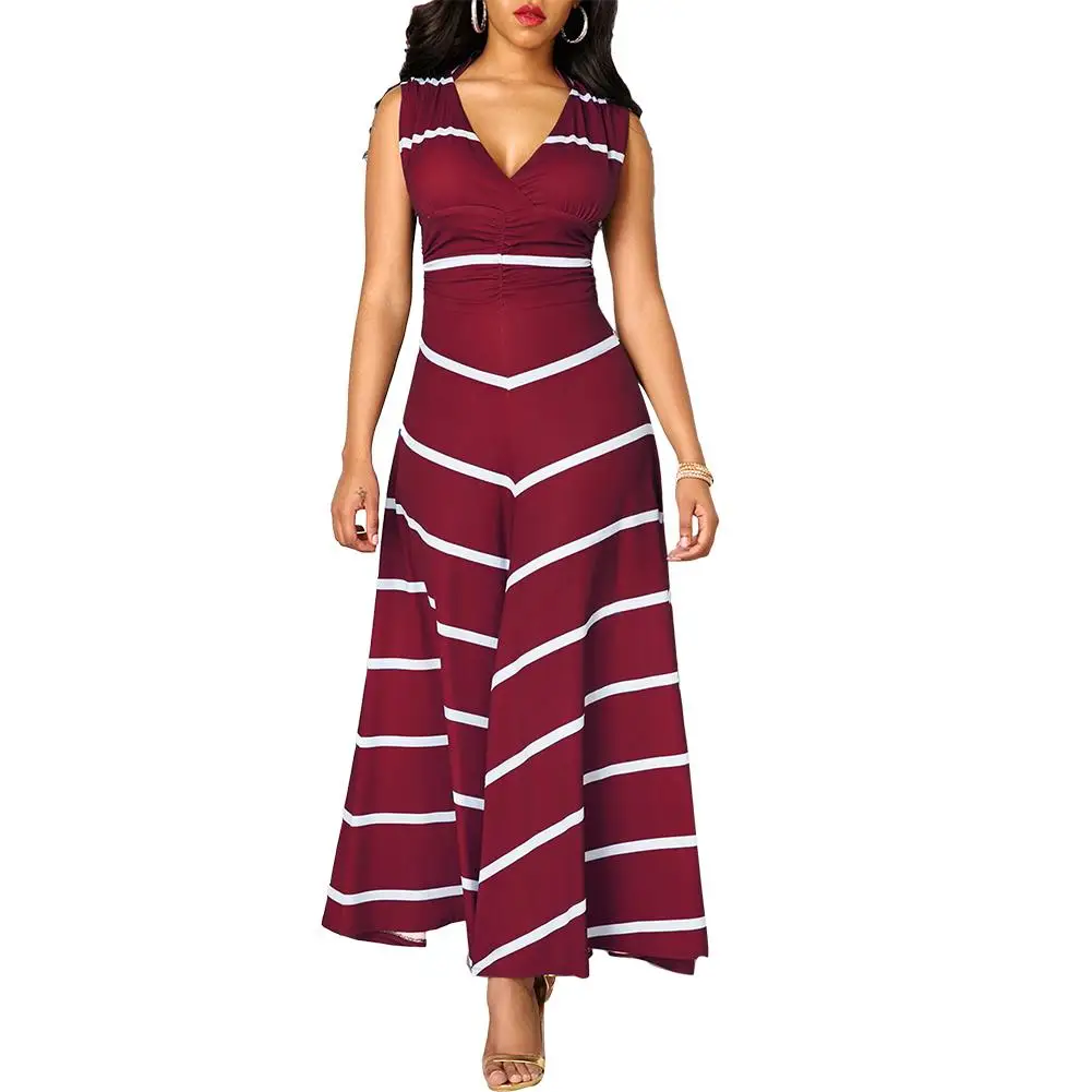 

Loose Summer Party Dresses Women Slim Stripe V Neck Sleeveless High Waist Maxi Dress Hot apparel Elegant Dress