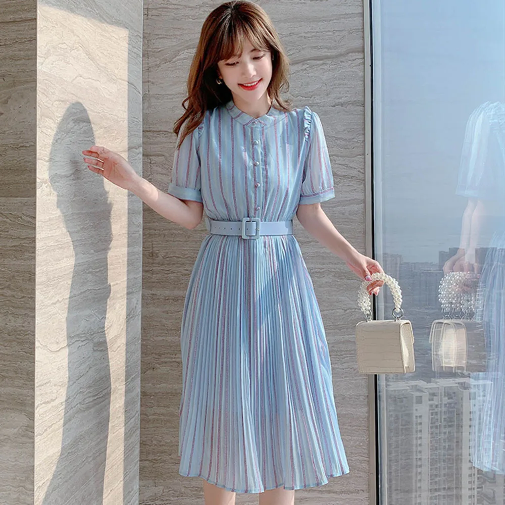 

2021 Temperament Elegant Summer Women's Dress Casual Fashion Designer Chiffon Stripe High Waist Summer