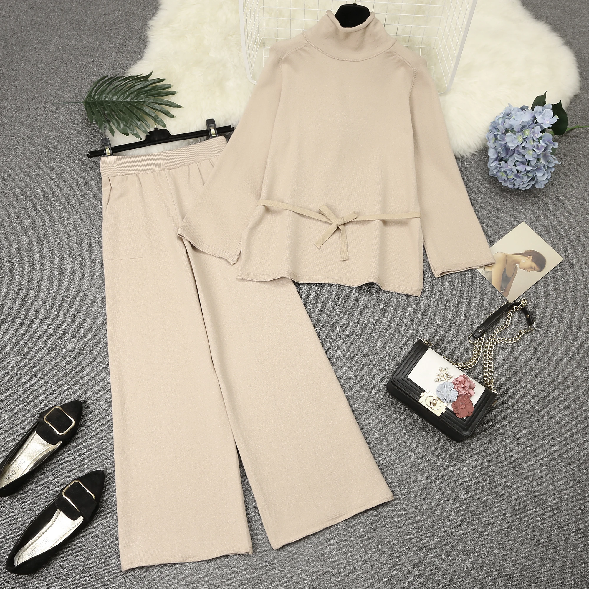 Amolapha женский однотонный вязаный пуловер свитер + брюки комплекты осень зима