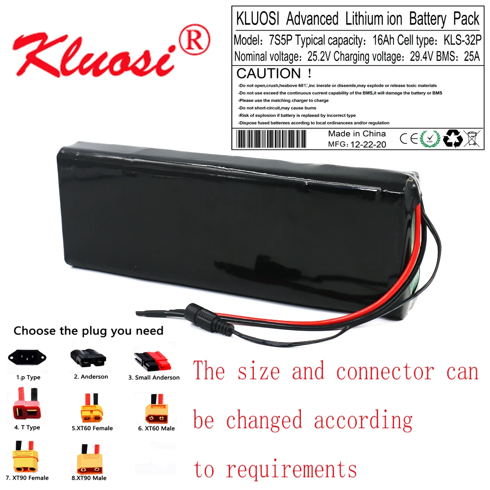 

KLUOSI 24V Battery 16Ah 7S5P 24V/29.4V LG18650MH1 Li-Ion Battery Pack with 25A BMS Balanced for Electric Motor Bicycle Scooter