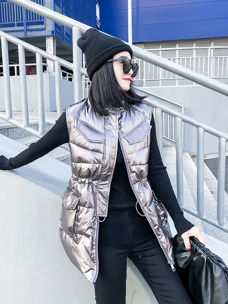 2021 зима женское длинное платье майка для девочек блестящая дутая куртка с