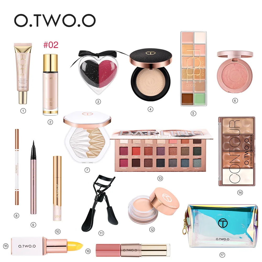 foundation color 2 O.TWO.O 17 шт. полный набор макияжа с тональным кремом Румяна хайлайтер матовая губная помада Водонепроницаемая подводка для глаз Косметика для век комплект - Цвет: foundation color 2