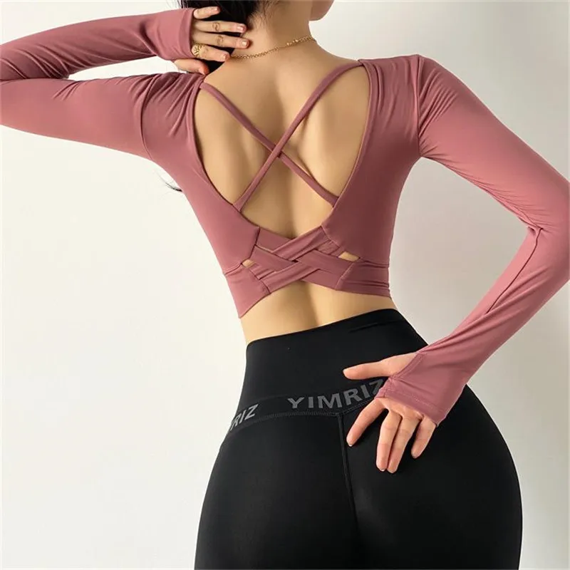 Inner Padded Sport T Shirt  Women Sexy Back Long Sleeve  Yoga Top Fitness  Running Workout  T-shirt High Elastic Gym Clothes