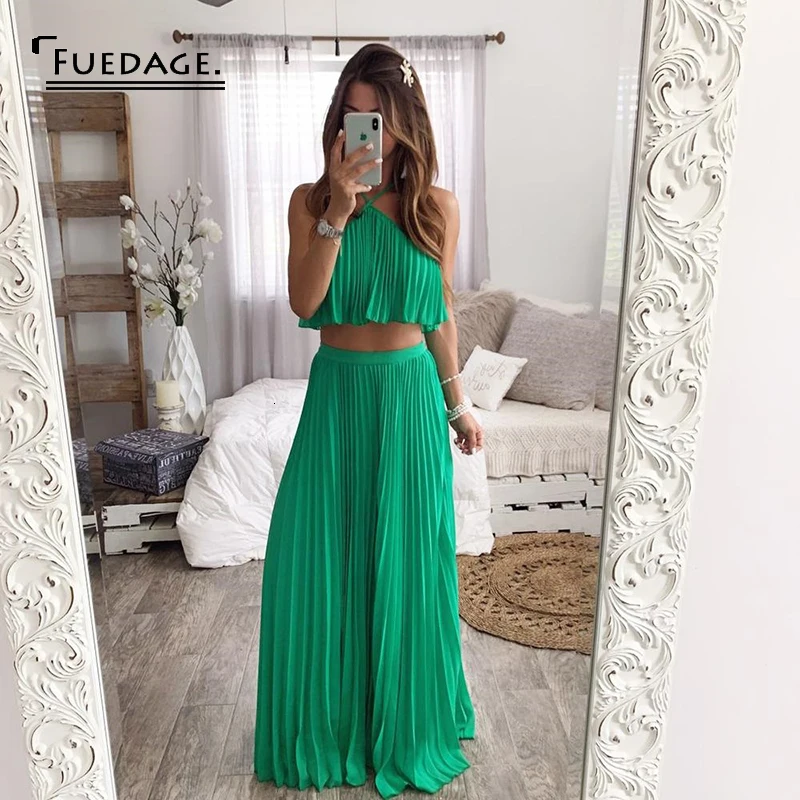 Fuedage Летний шифоновый Зеленый сексуальный комплект из двух предметов с рюшами