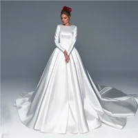 full sleeve button wedding dresses with satin a line floor length back sweep train white bridal gowns vestidos de novia %d0%bf%d0%bb%d0%b0%d1%82%d1%8c%d0%b5