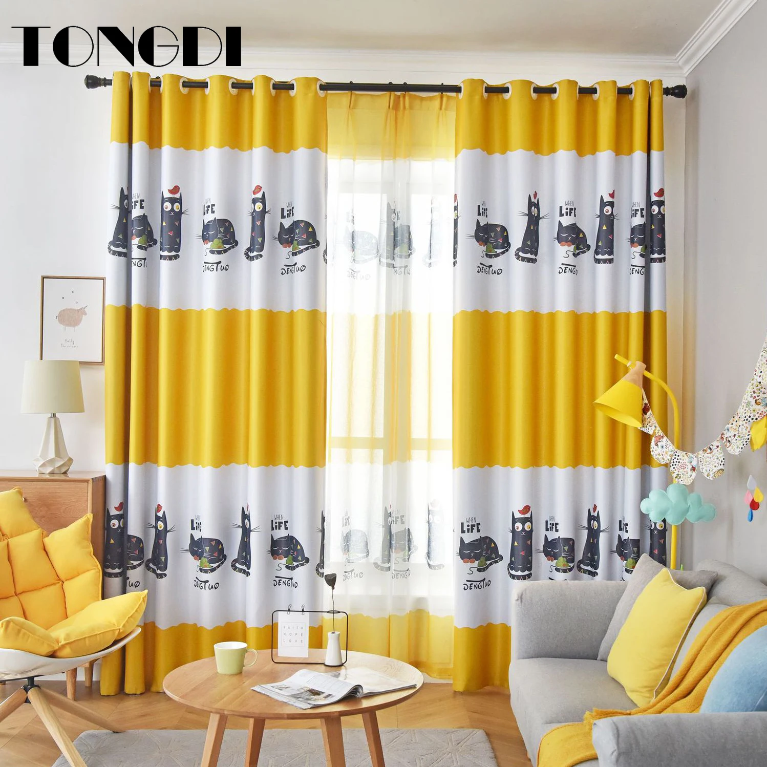 

TONGDI Children Blackout Curtains Kawaii Lovely Cartoon Cat Printing Decoration For French Window Home Parlou Bedroom LivingRoom