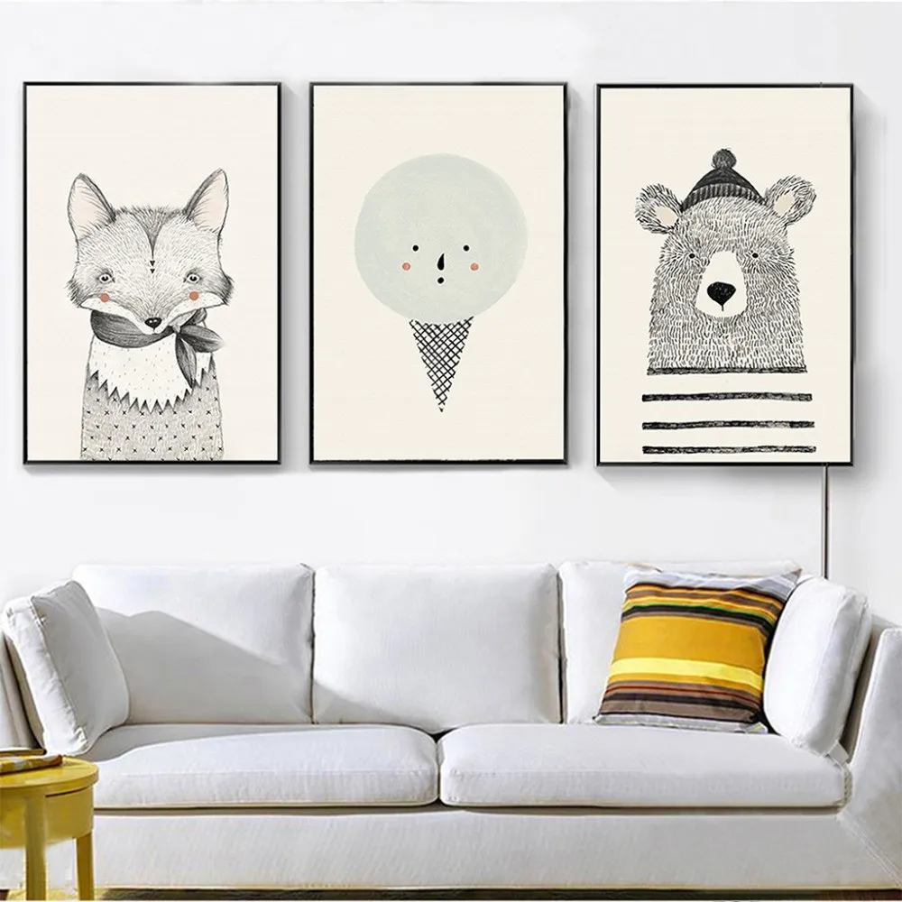 Картина в скандинавском стиле Bear Fox холст мультфильм животные постер настенное