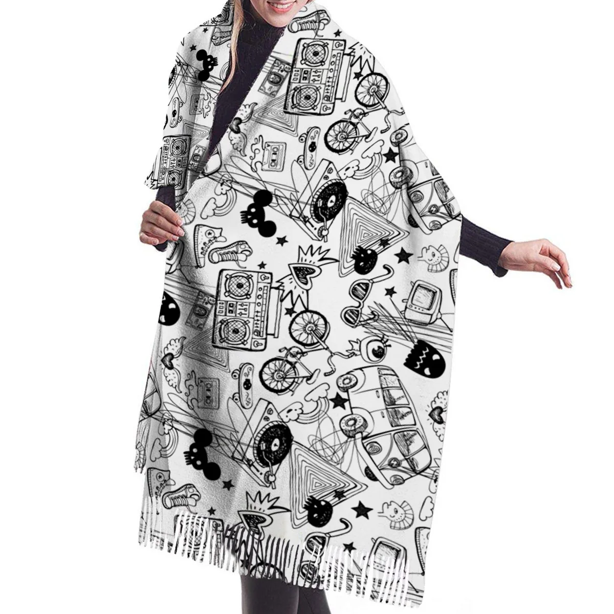 Spring Winter Women Scarf White Cartoon Doodling Warm Cashmere Scarves Shawls Neck Bandana Pashmina Lady Wrap |