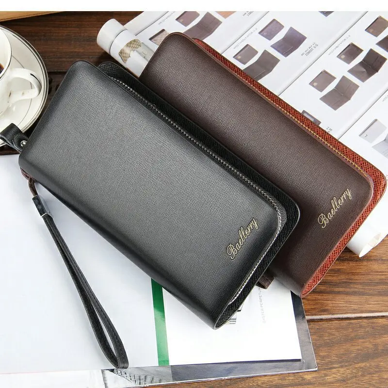 

Men's Clutch Bags Long Double layer Wallet PU Leather Phone Purses Male Business Wrist Bag Large Capacity Card Holder Zipper Bag