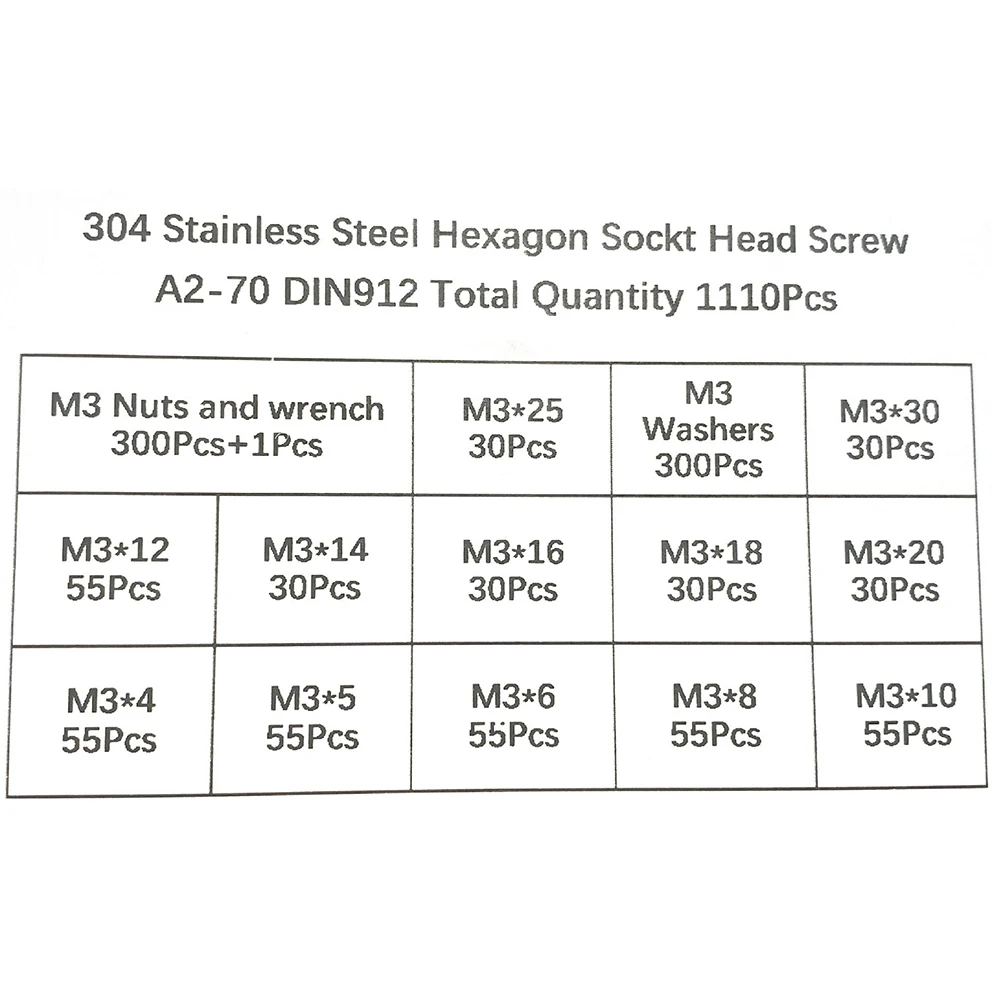 

2021 New 1110PCS Professional M3 Screw Assortment Kit 304 Stainless Steel Nuts Washers Hex Sockets Tool Set Hardware