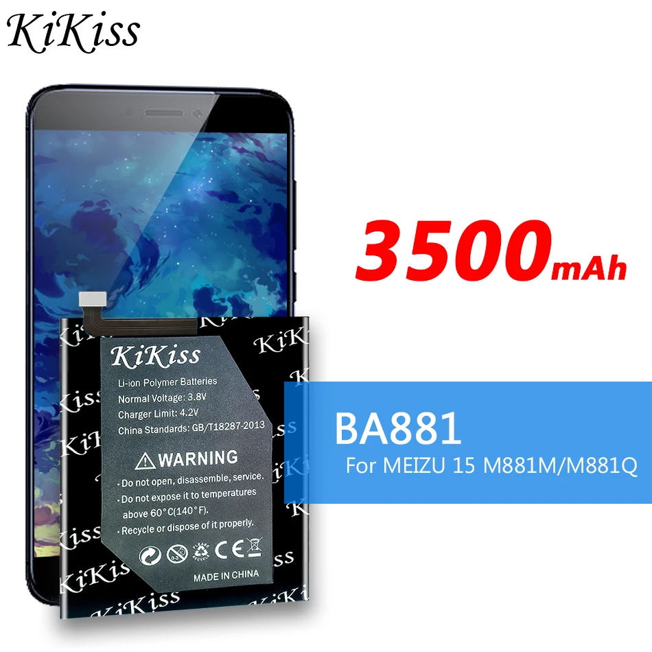 

For Mei Zu 100% Original KiKiss BA881 Battery for Meizu 15 M881M/M881Q Phone Latest Production High Capacity 3500mAh Battery