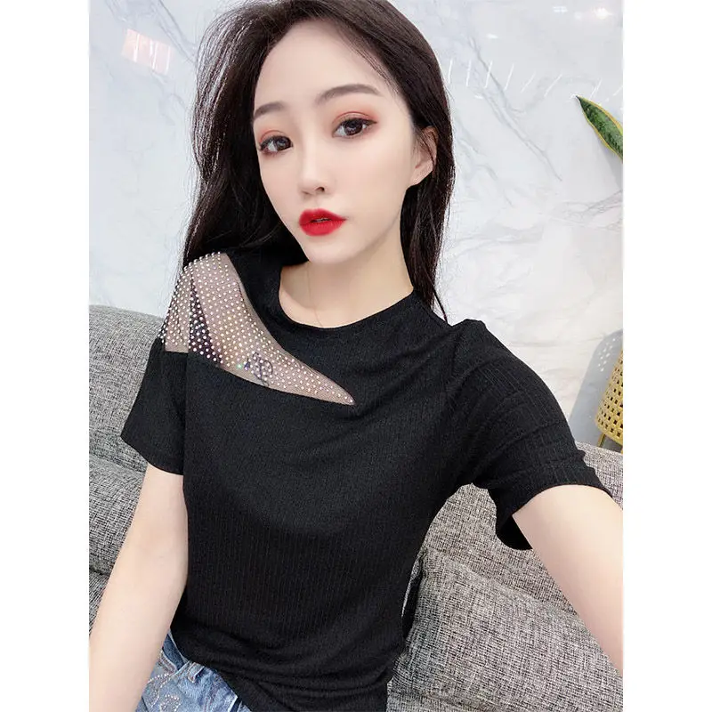 

2021 summer new foreign style off shoulder diamond set short sleeve T-shirt women's slim perspective slant shoulder top