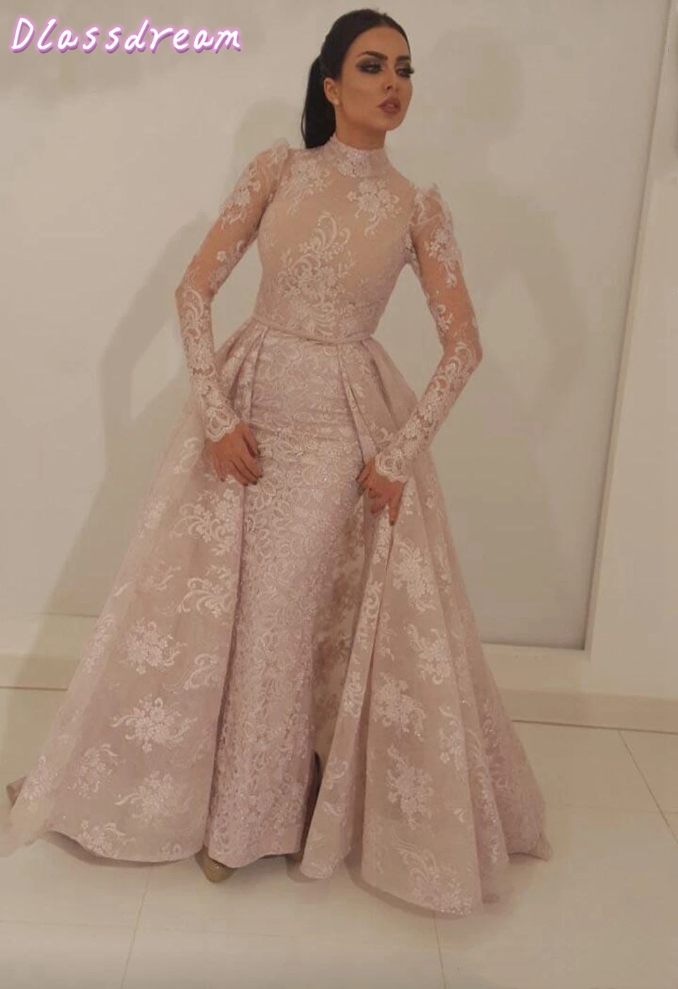 

Muslim Champagne Evening Dress 2020 Women Party Night Robe De Soiree Elegant Saudi Arabia Lace Appliques Long Sleeves Prom Dress