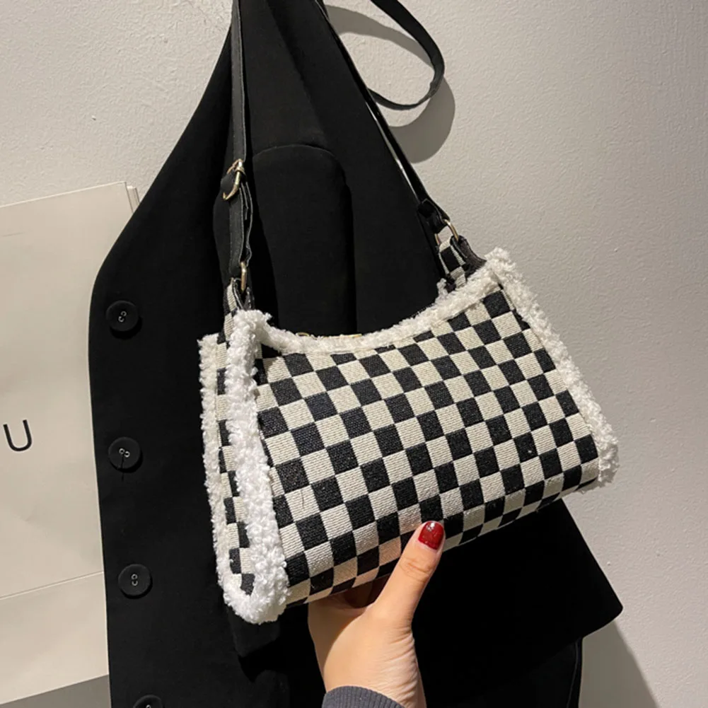 

Fashion Women Shoulder Bag Woolen Cloth Checkered Print Messenger Bag Vintage Ladies Handbags Casual Crossbody Bag Shopping bags