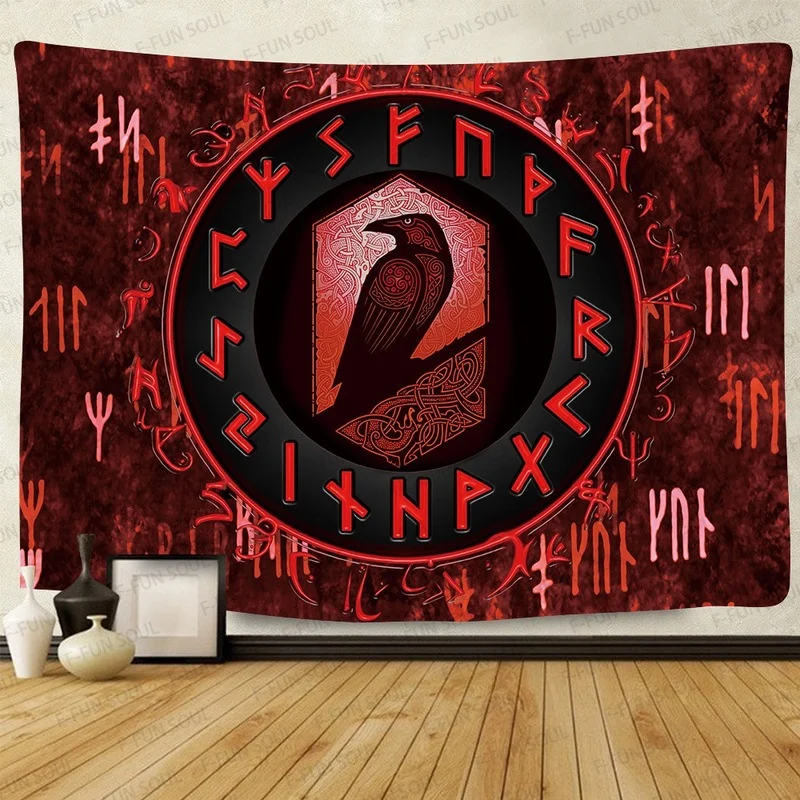 

Simsant Viking Raven Tapestry Mysterious Viking Meditation Psychedelic Runes Art Wall Hanging Tapestries for Living Room Decor