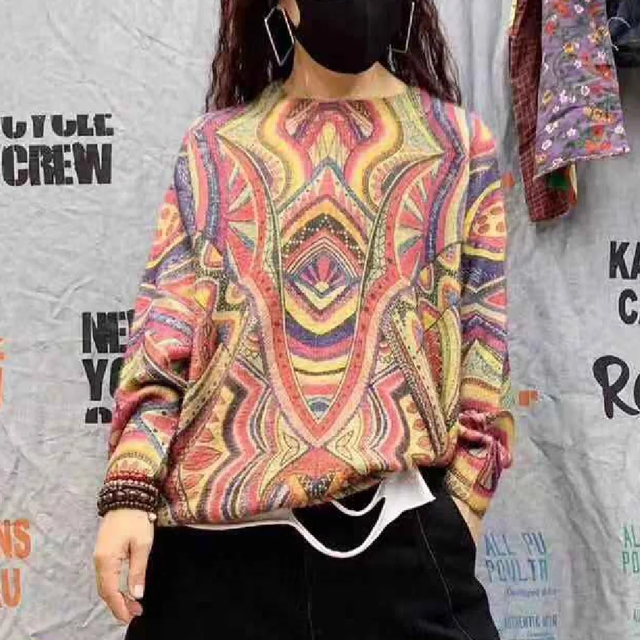 National style autumn and winter new literary retro casual print sweater loose round neck knit female | Женская одежда