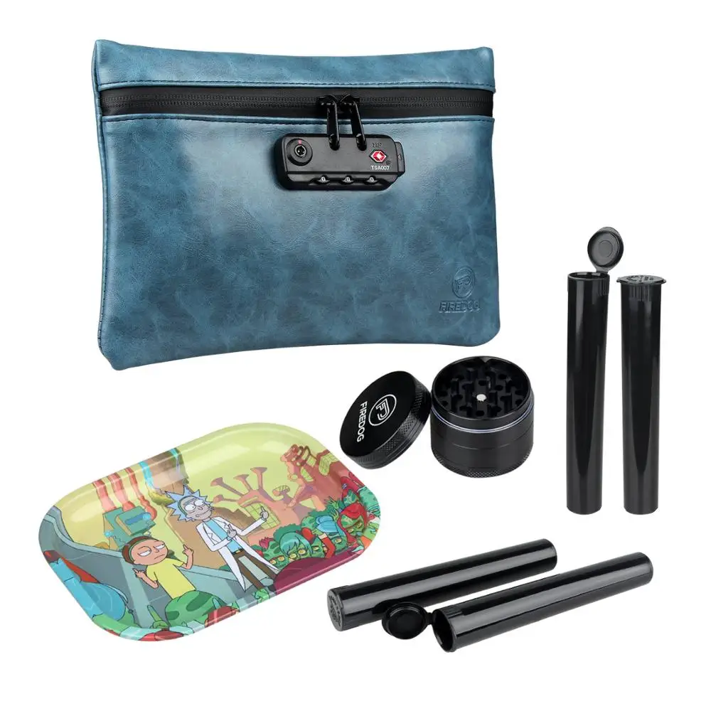

FIREDOG Smell Proof Bag Kit 4 Items Tobacco Pouch with Lock Case Container 2”Herb Ginder Metal Rolling Tray 4x Doob Tube