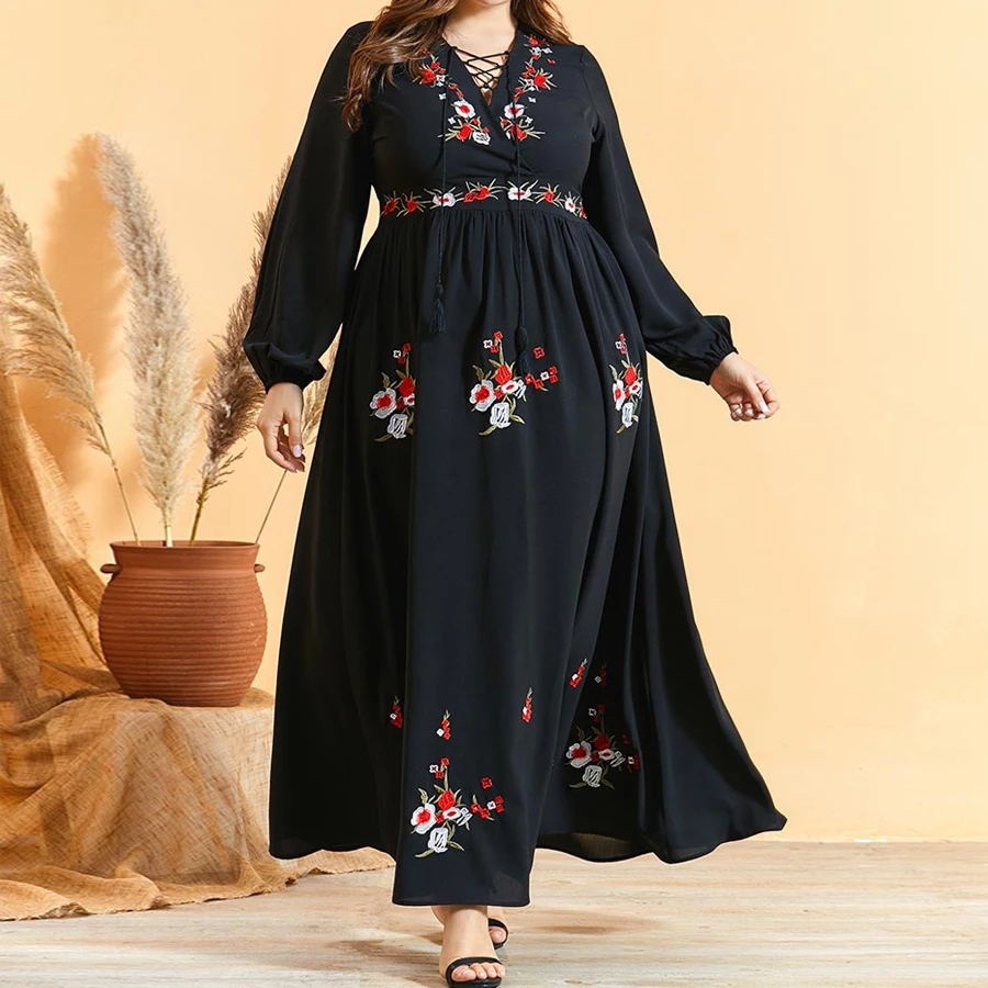 Осеннее кружевное платье с цветочной вышивкой размера плюс 4XL женское Макси