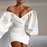 off shoulder dress lantern sleeve 2 layers white high waist bodycon dresses backless vestidos women sexy mini robe 2020