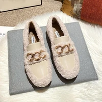 winter hot women metal chain fur flats woman cozy warm plush loafers cotton shoes lambswool moccasins plus size 34 43