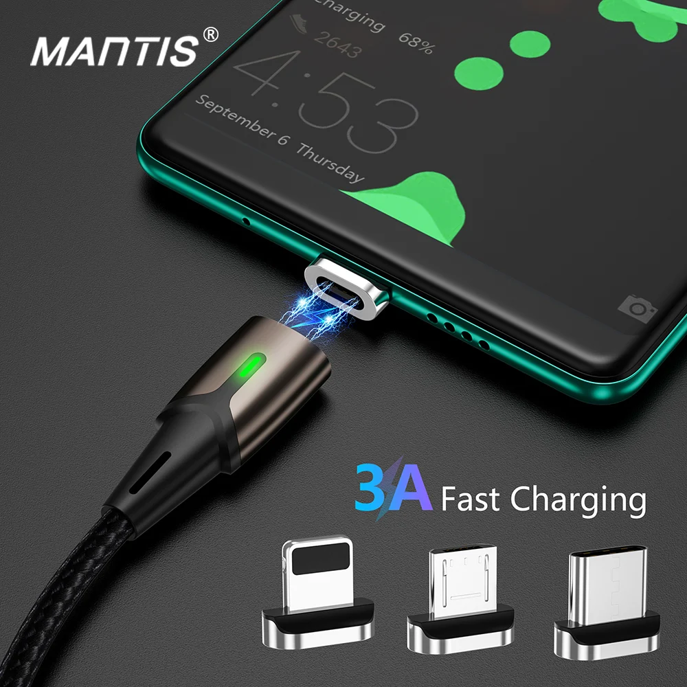 Магнитный зарядный кабель Micro Usb MANTIS 3m 2m 1m для Iphone samsung светодиодный магнитный кабель синхронизации данных 3A кабель быстрой зарядки type C