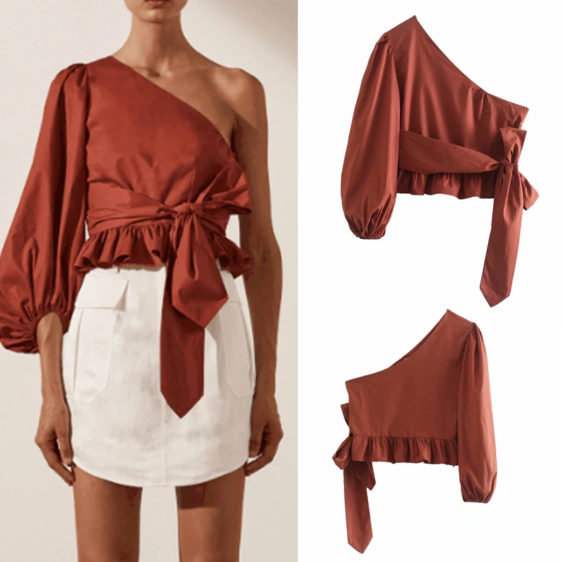 

KUMSVAG Women Summer Fashion Solid Blouses Shirts Tops 2021 ZA Full Sleeve One shoulder Bandage Female Vintage Top Clothes