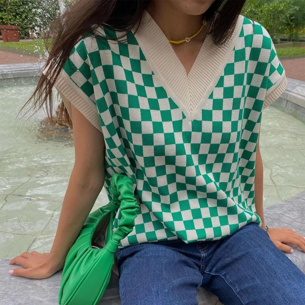 

SHEROUSE Women Vintage Checkered Knit Sweater Vest Casual Sleeveless V-neck Chic Lady y2k Plaid Sweaters Pullovers Tops Woman