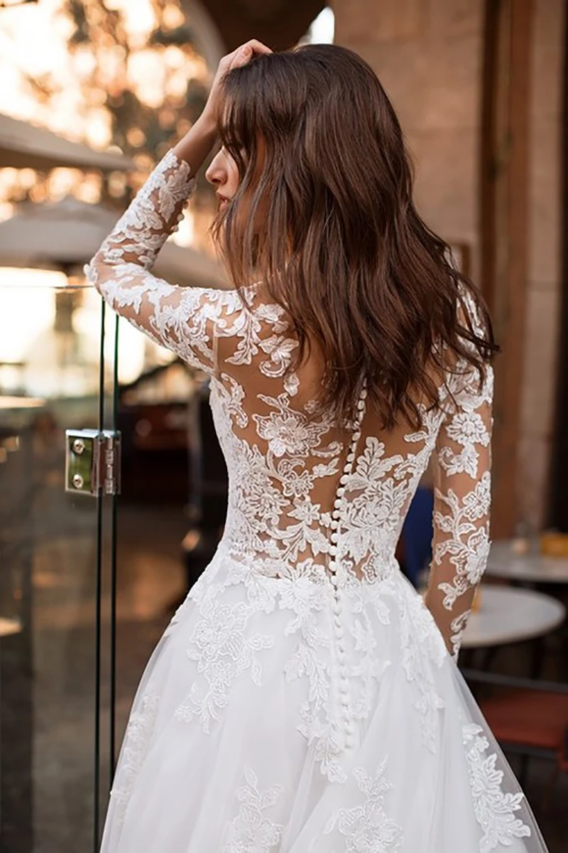 

Vestidos de novia Wedding Dress 2021 Long Sleeves Illusion Tulle Bride Dress Lace Appliques A Line Buttons Back Wedding Gowns