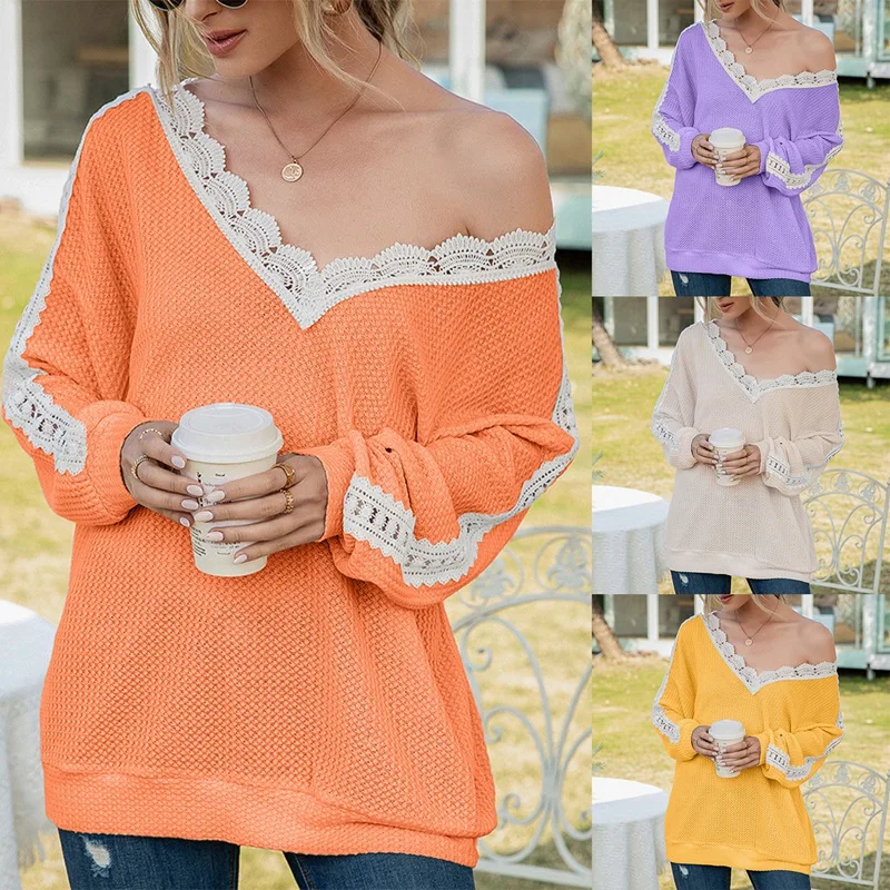 

Женский свободный пуловер с V-образным вырезом и длинными рукавами