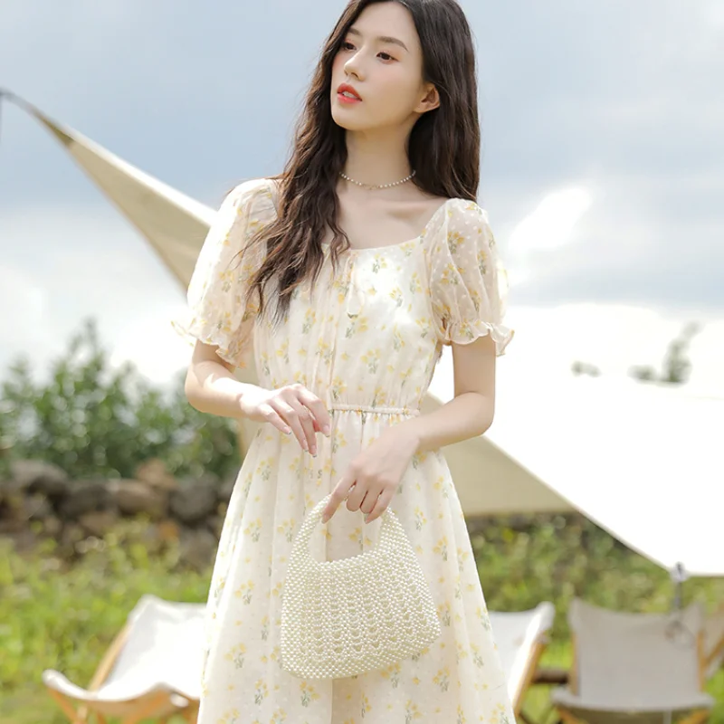 

Small Fresh Sweet French First Love Medium Length Skirt Female Summer New Style Fairy Puff Sleeve Chiffon Floral Dress