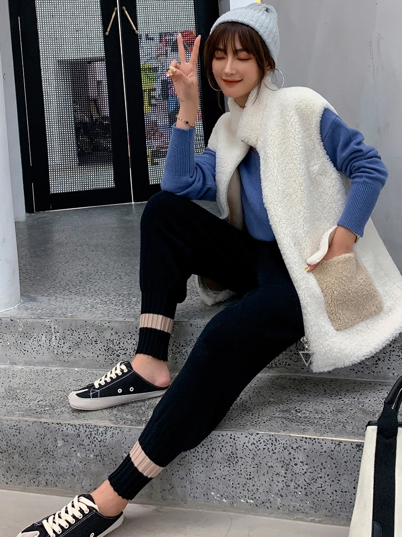 Женские кашемировые Свободные трикотажные брюки с красным пучком повседневные