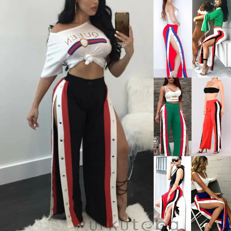 Брюки женские с разрезом и боковыми пуговицами Модные Длинные повседневные