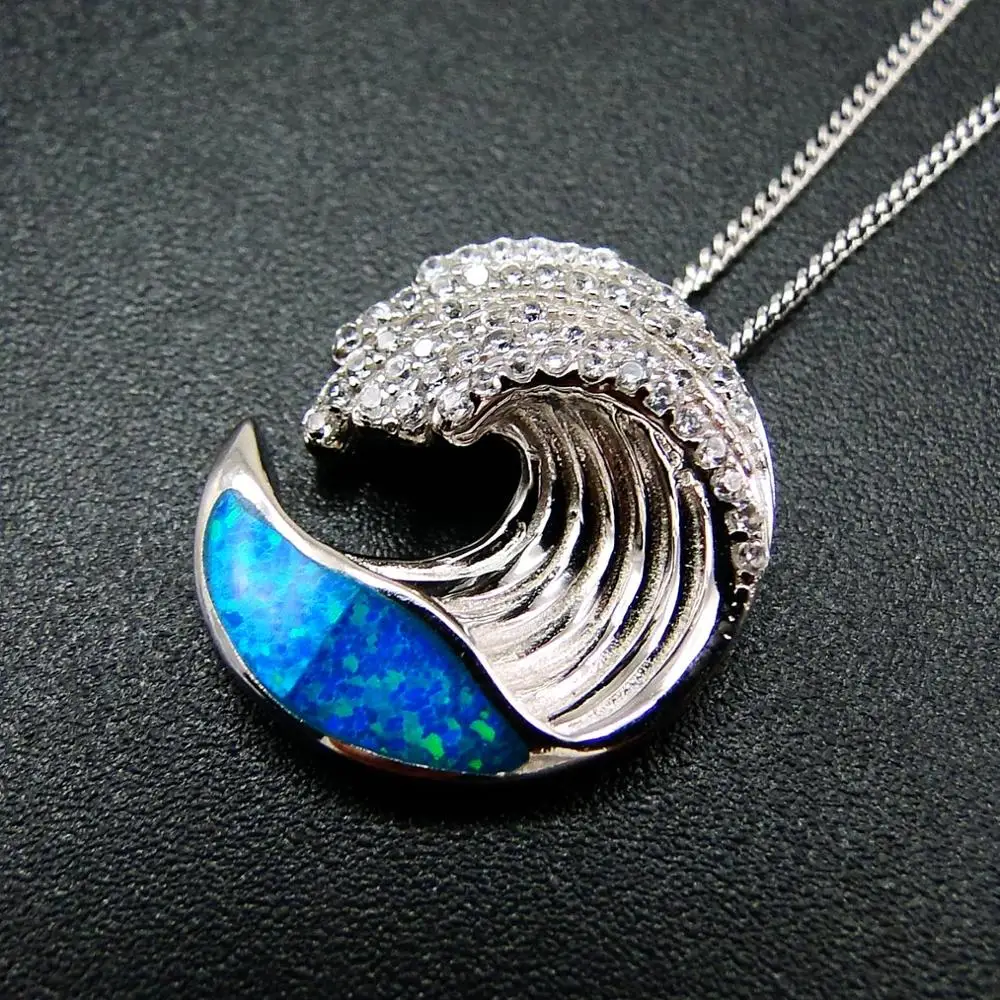 

High Quality Blue Opal Wave Pendant 925 Sterling Silver Necklace Women Man Jewelry For Party Gift
