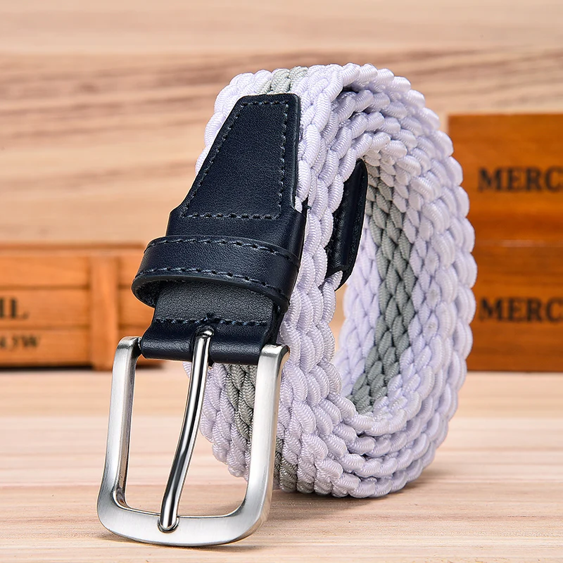 Fashion Casual Stretch Woven Belt With Leather Tip Top Elastic Belts For Men Jeans Mixed Color Braided Strap Zinc Alloy Buckle