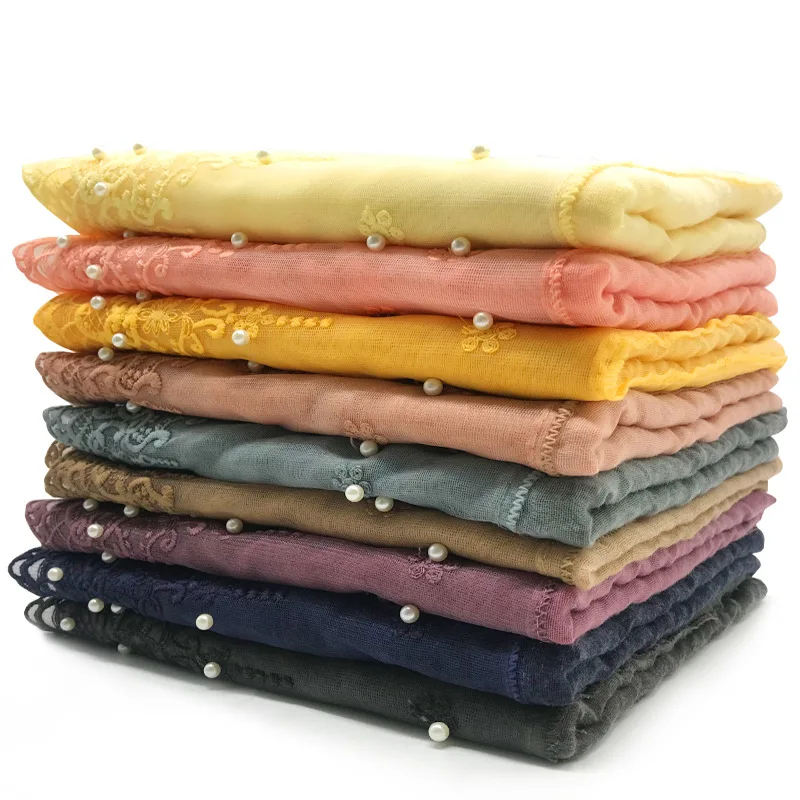 2019 женский хлопковый кружевной шарф с простым жемчугом головной хиджаб накидка